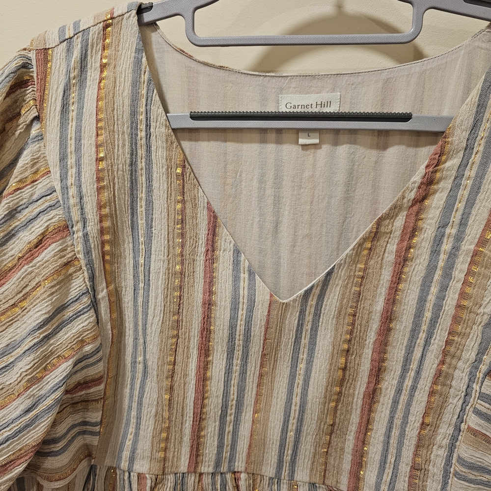 Garnet Hill Lola Shimmering Organic-Cotton Dress in a cream-striped colorway; L - Picture 7 of 8
